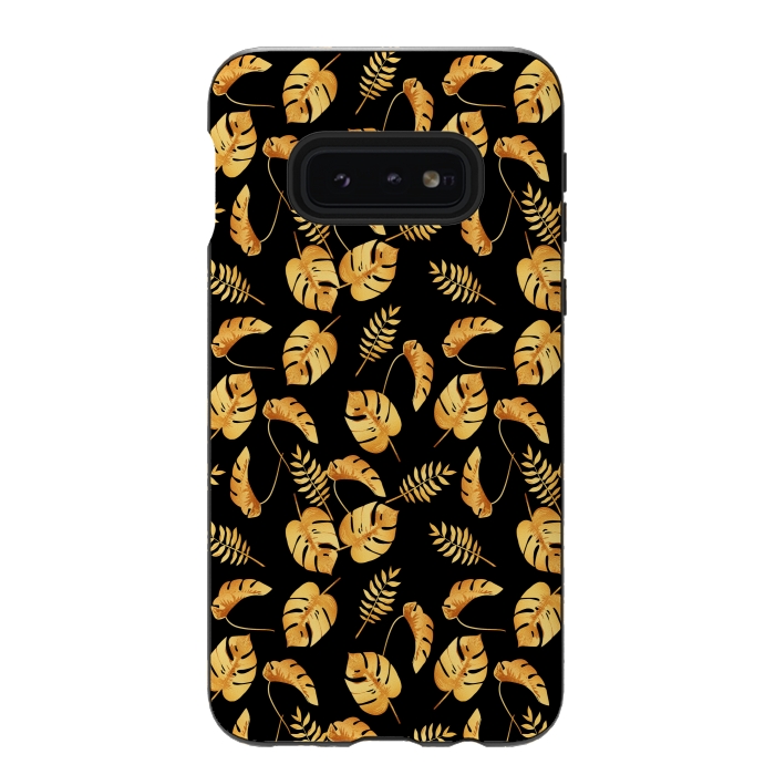 Galaxy S10e StrongFit Gold Tropical Leaves Black Background by Alemi