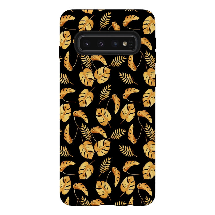 Galaxy S10 StrongFit Gold Tropical Leaves Black Background by Alemi