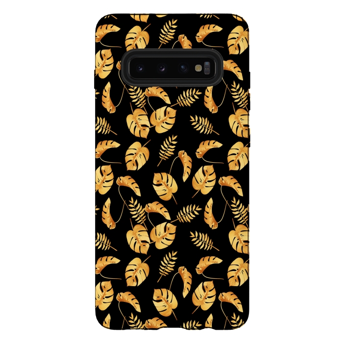 Galaxy S10 plus StrongFit Gold Tropical Leaves Black Background by Alemi