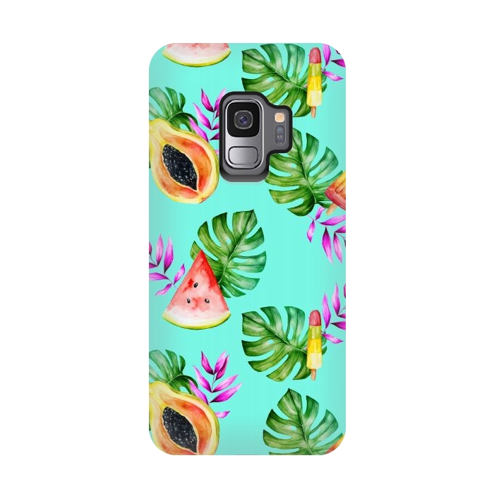 Galaxy S9 StrongFit Tropical Fruits Ice Lollies Turquoise Background by Alemi