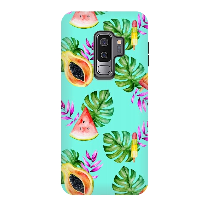 Galaxy S9 plus StrongFit Tropical Fruits Ice Lollies Turquoise Background by Alemi