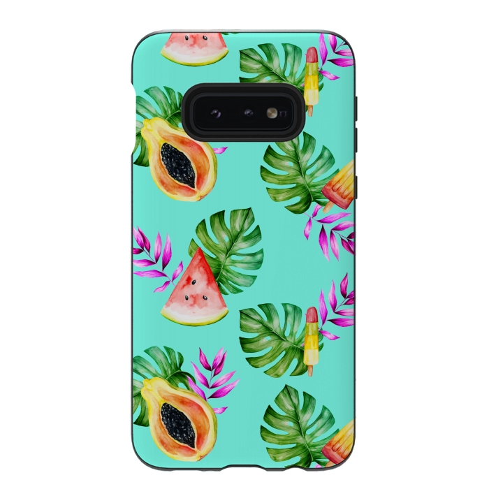 Galaxy S10e StrongFit Tropical Fruits Ice Lollies Turquoise Background by Alemi