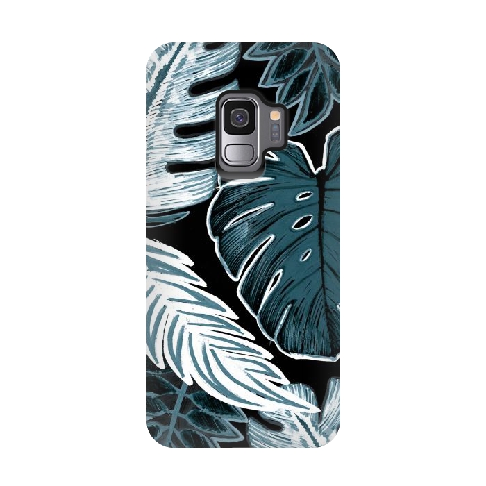 Galaxy S9 StrongFit Green white tropical leaves hand sketch by Oana 