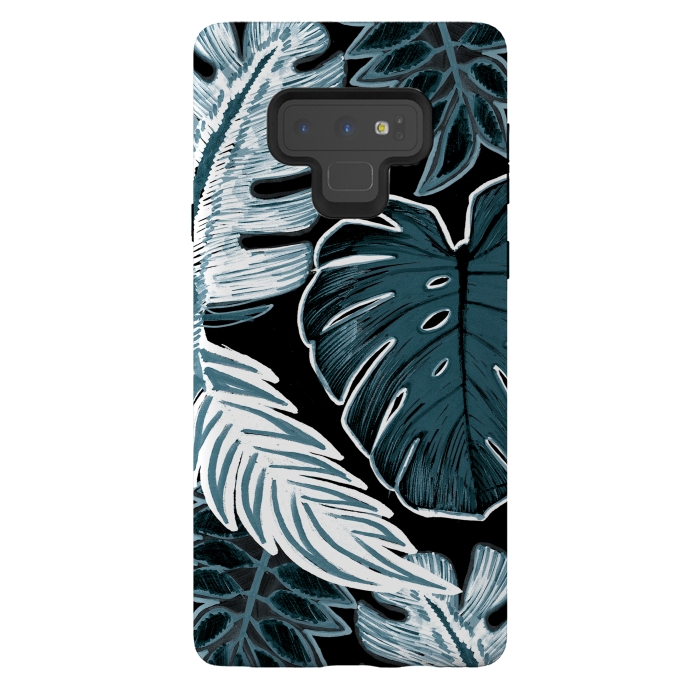 Galaxy Note 9 StrongFit Green white tropical leaves hand sketch by Oana 