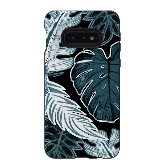 Galaxy S10e StrongFit Green white tropical leaves hand sketch by Oana 