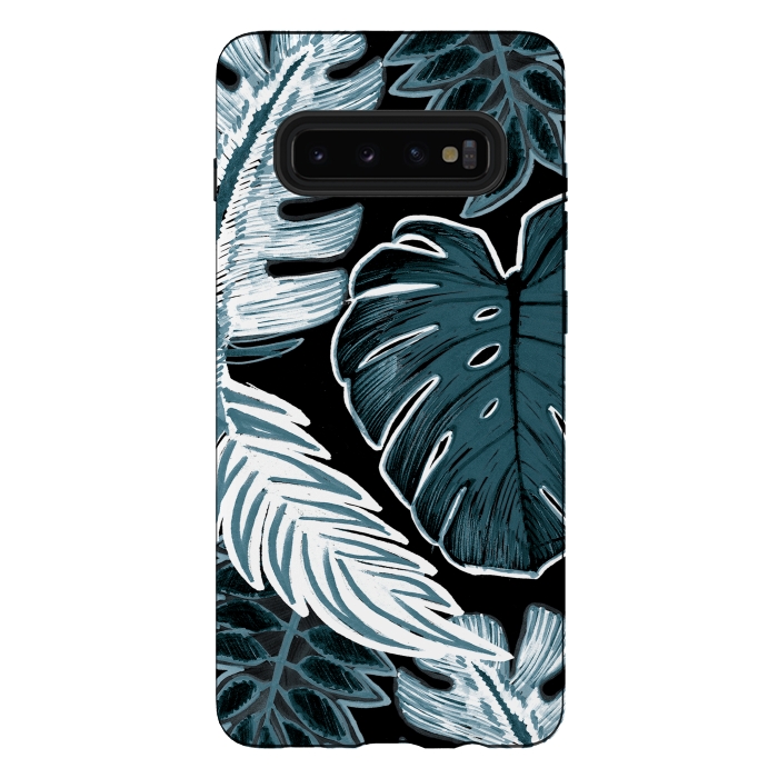Galaxy S10 plus StrongFit Green white tropical leaves hand sketch by Oana 