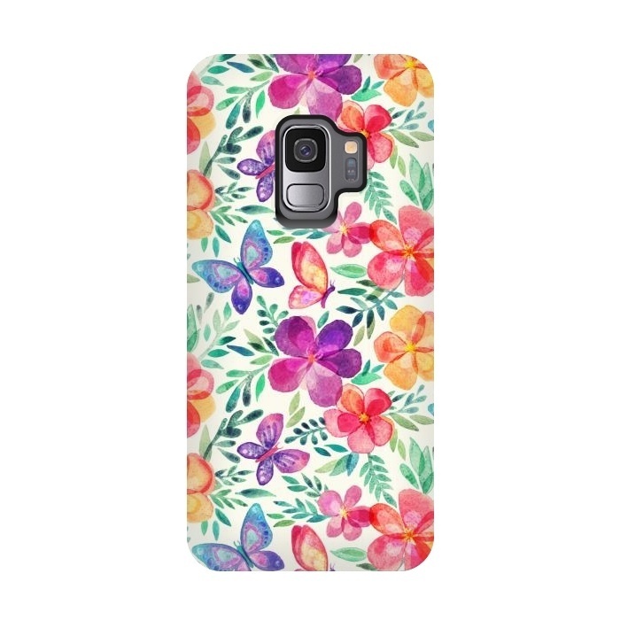 Galaxy S9 StrongFit Summer Blooms & Butterflies on Cream by Micklyn Le Feuvre