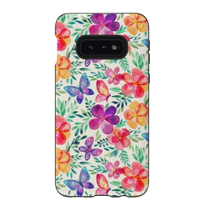 Galaxy S10e StrongFit Summer Blooms & Butterflies on Cream by Micklyn Le Feuvre