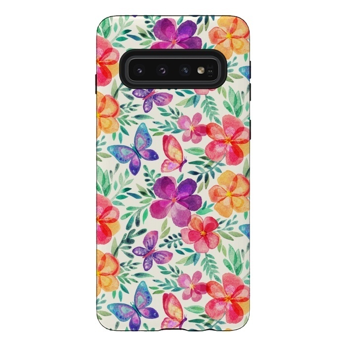 Galaxy S10 StrongFit Summer Blooms & Butterflies on Cream by Micklyn Le Feuvre