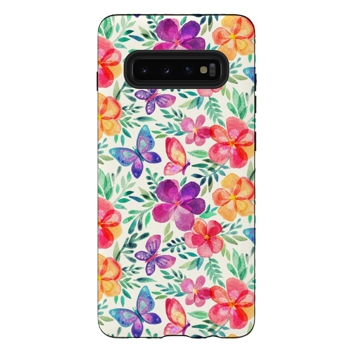Galaxy S10 plus StrongFit Summer Blooms & Butterflies on Cream by Micklyn Le Feuvre