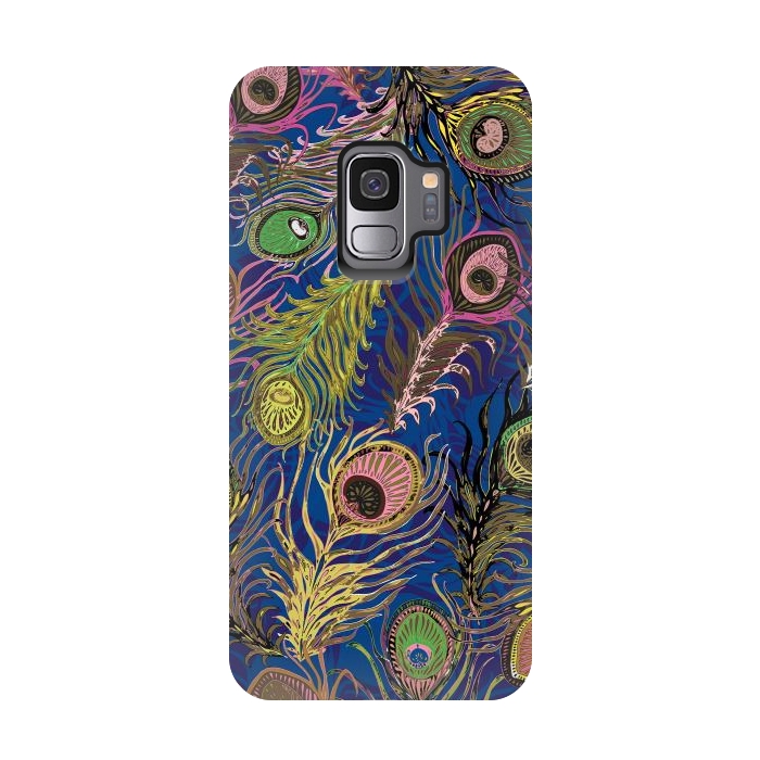 Galaxy S9 StrongFit Peacock Feathers in Bold Blue by Lotti Brown