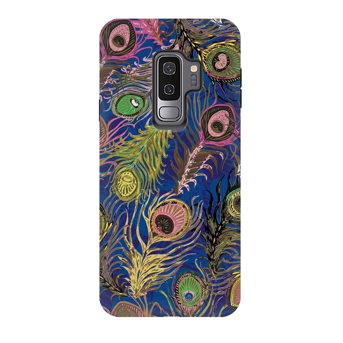 Galaxy S9 plus StrongFit Peacock Feathers in Bold Blue by Lotti Brown