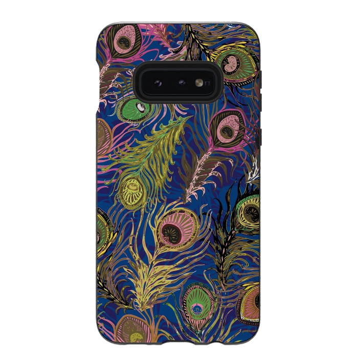 Galaxy S10e StrongFit Peacock Feathers in Bold Blue by Lotti Brown