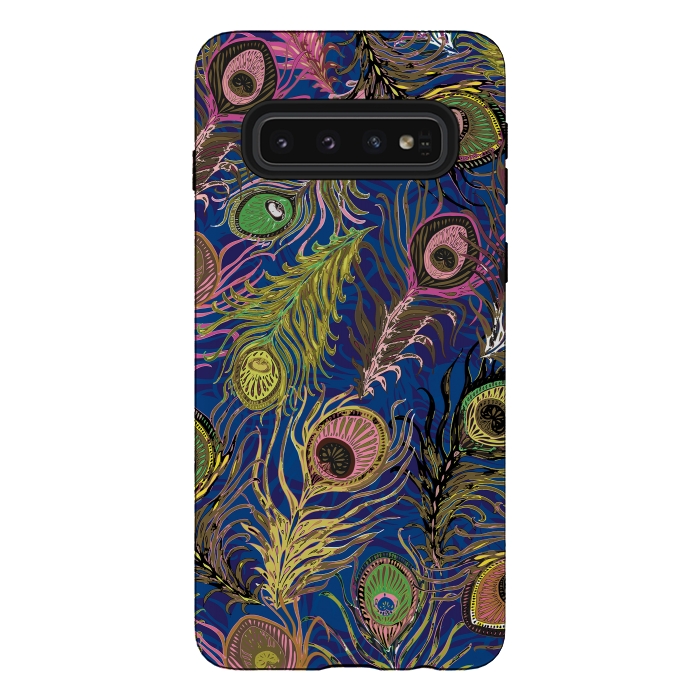 Galaxy S10 StrongFit Peacock Feathers in Bold Blue by Lotti Brown