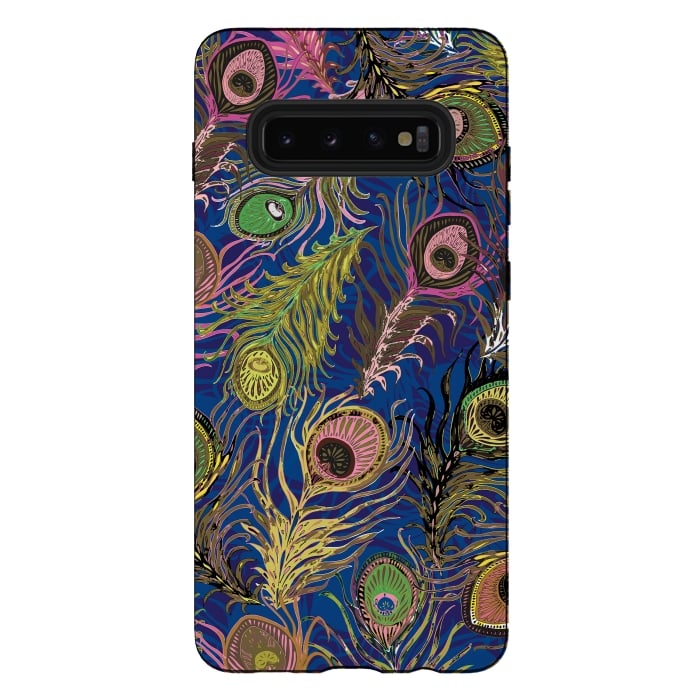 Galaxy S10 plus StrongFit Peacock Feathers in Bold Blue by Lotti Brown