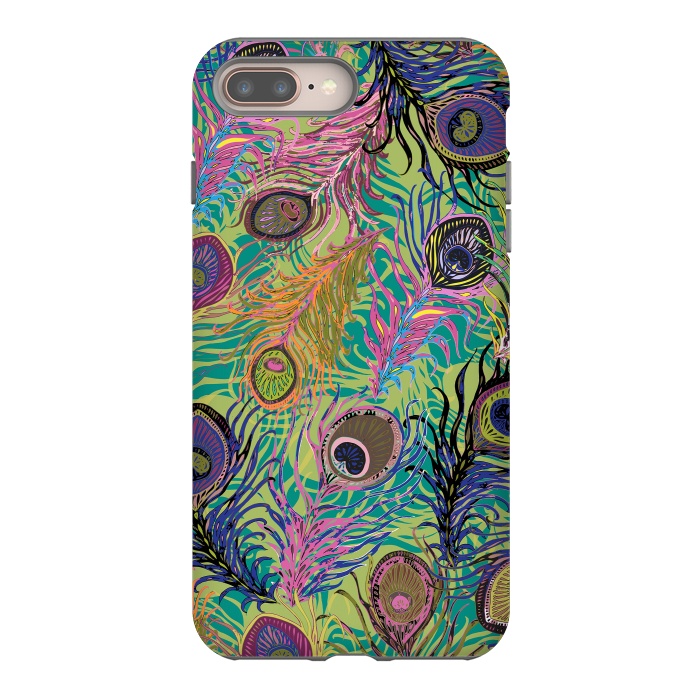 iPhone 7 plus StrongFit Peacock Feathers in Lime Green & Pink by Lotti Brown