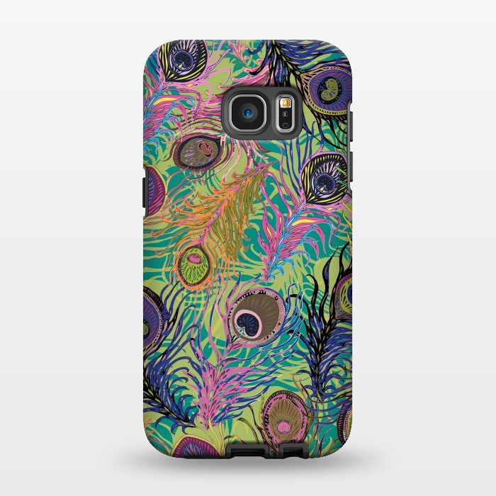 Galaxy S7 EDGE StrongFit Peacock Feathers in Lime Green & Pink by Lotti Brown