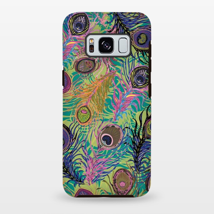 Galaxy S8 plus StrongFit Peacock Feathers in Lime Green & Pink by Lotti Brown