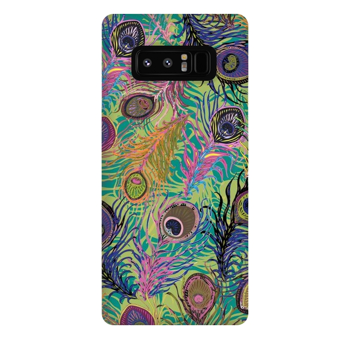 Galaxy Note 8 StrongFit Peacock Feathers in Lime Green & Pink by Lotti Brown