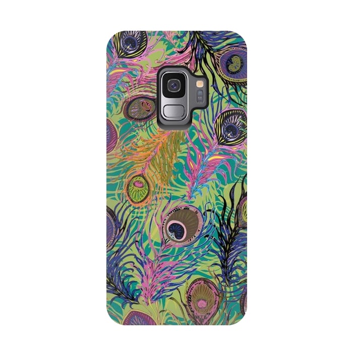 Galaxy S9 StrongFit Peacock Feathers in Lime Green & Pink by Lotti Brown