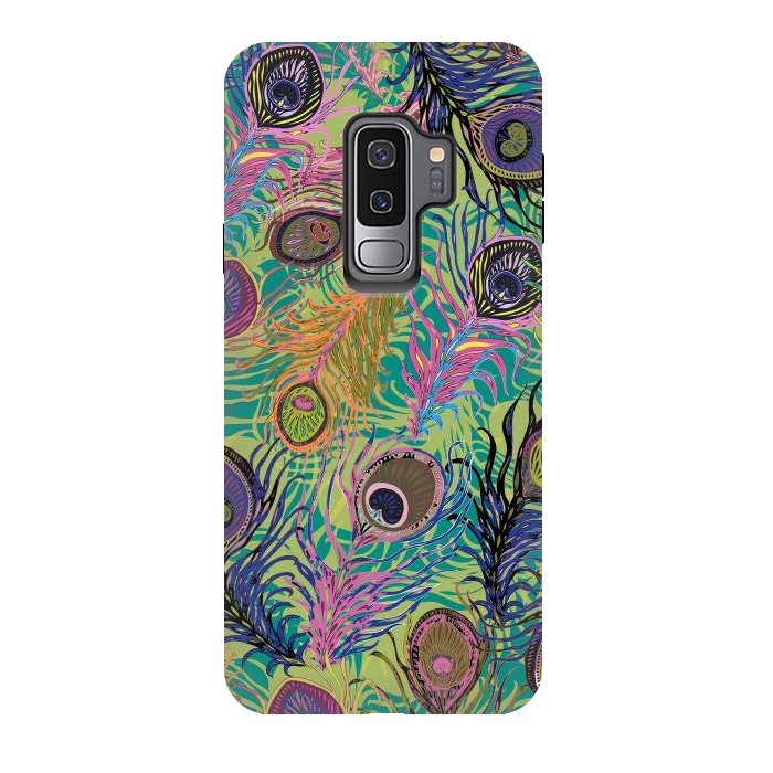 Galaxy S9 plus StrongFit Peacock Feathers in Lime Green & Pink by Lotti Brown