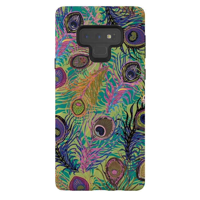 Galaxy Note 9 StrongFit Peacock Feathers in Lime Green & Pink by Lotti Brown
