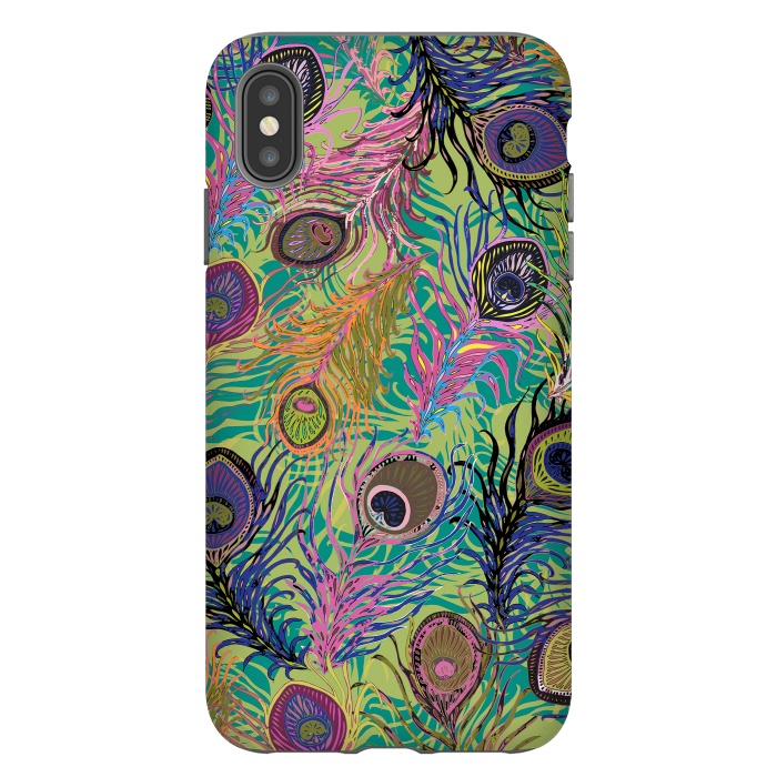 iPhone Xs Max StrongFit Peacock Feathers in Lime Green & Pink by Lotti Brown