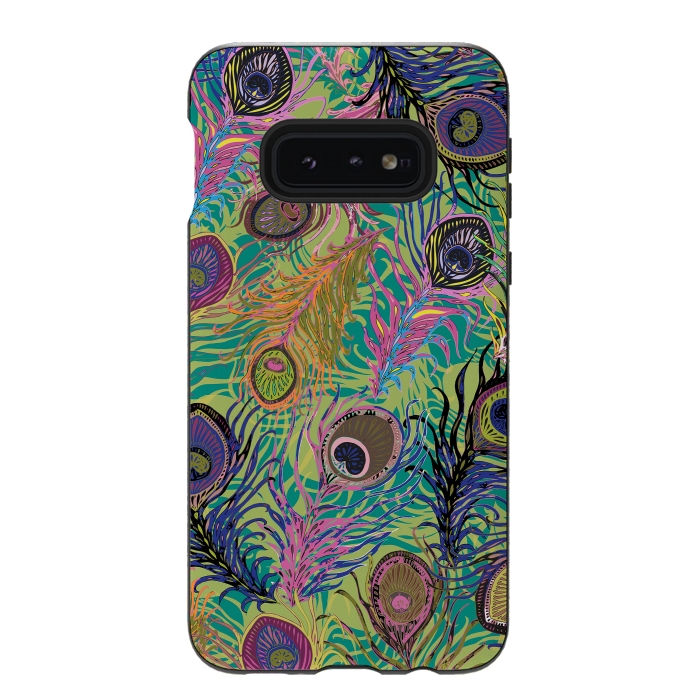Galaxy S10e StrongFit Peacock Feathers in Lime Green & Pink by Lotti Brown