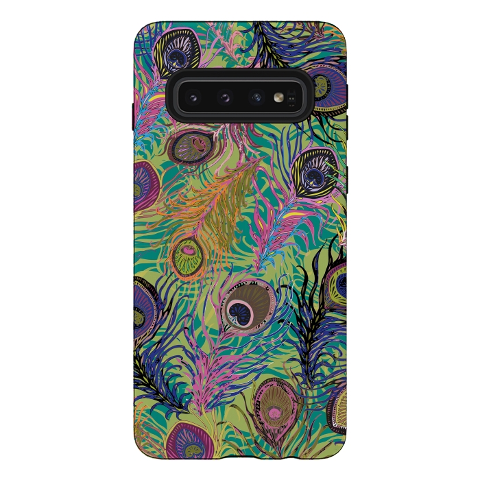 Galaxy S10 StrongFit Peacock Feathers in Lime Green & Pink by Lotti Brown
