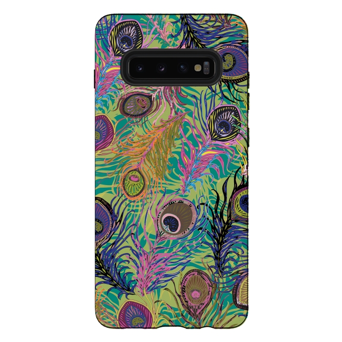 Galaxy S10 plus StrongFit Peacock Feathers in Lime Green & Pink by Lotti Brown