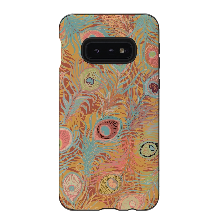 Galaxy S10e StrongFit Peacock Feathers - Soft Coral by Lotti Brown