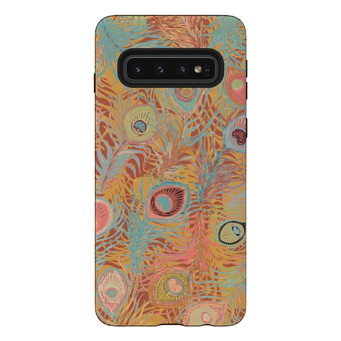 Galaxy S10 StrongFit Peacock Feathers - Soft Coral by Lotti Brown