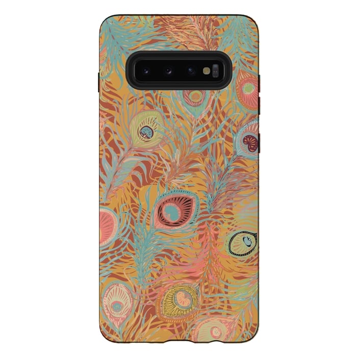 Galaxy S10 plus StrongFit Peacock Feathers - Soft Coral by Lotti Brown