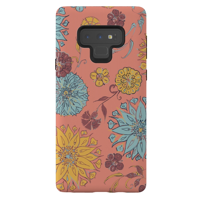 Galaxy Note 9 StrongFit Multi-Floral - Coral, Yellow & Blue by Lotti Brown