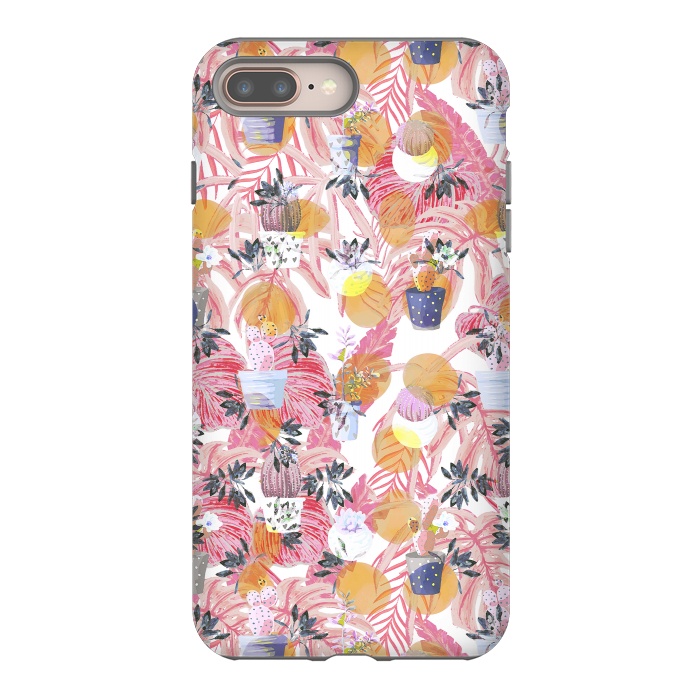 iPhone 7 plus StrongFit Cactus pots and pink tropical leaves pattern by Oana 
