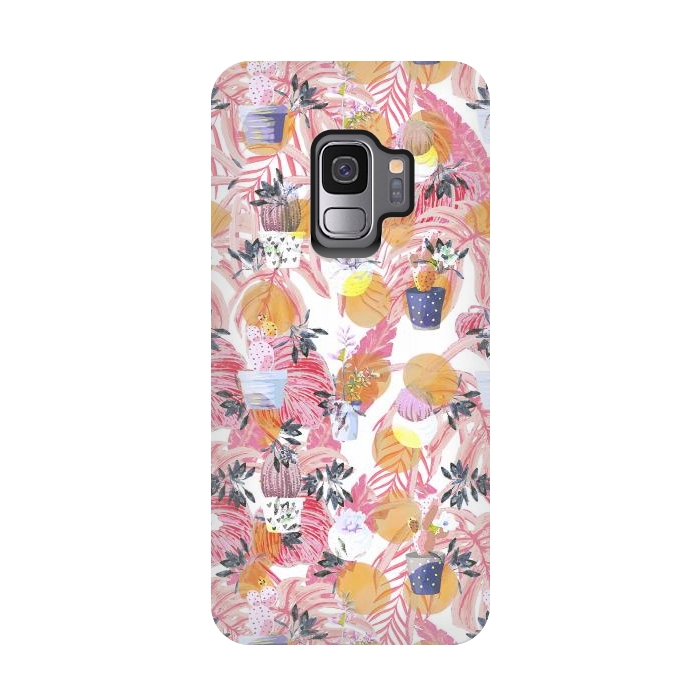 Galaxy S9 StrongFit Cactus pots and pink tropical leaves pattern by Oana 