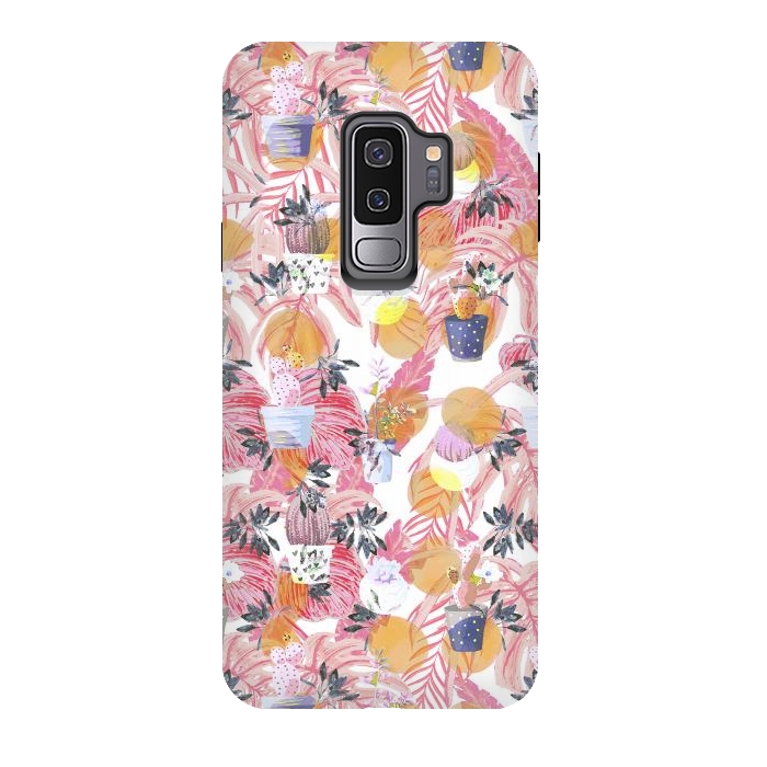 Galaxy S9 plus StrongFit Cactus pots and pink tropical leaves pattern by Oana 