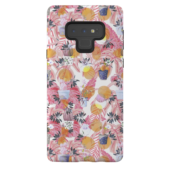 Galaxy Note 9 StrongFit Cactus pots and pink tropical leaves pattern by Oana 