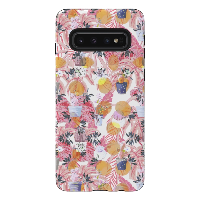 Galaxy S10 StrongFit Cactus pots and pink tropical leaves pattern by Oana 