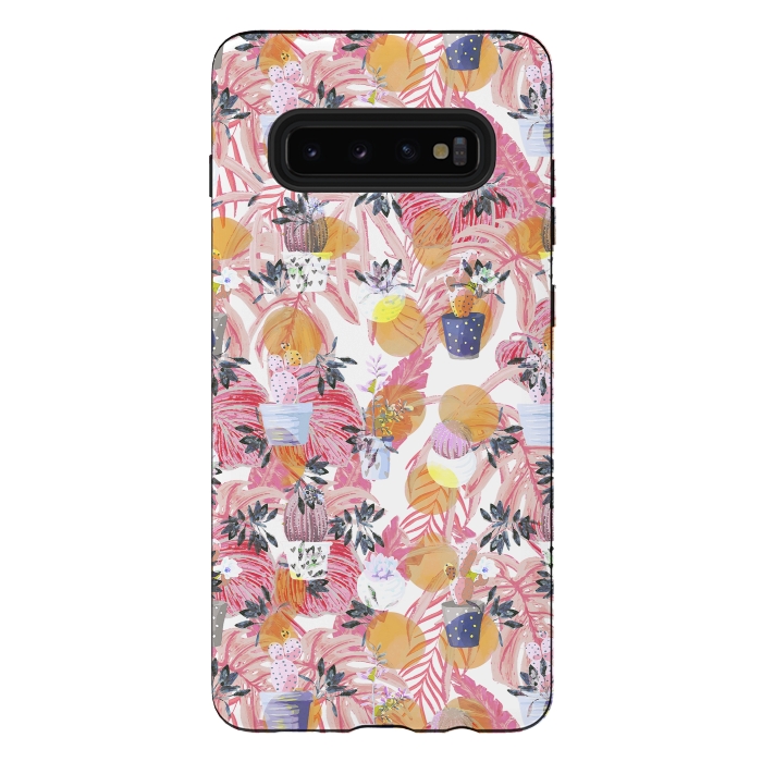 Galaxy S10 plus StrongFit Cactus pots and pink tropical leaves pattern by Oana 