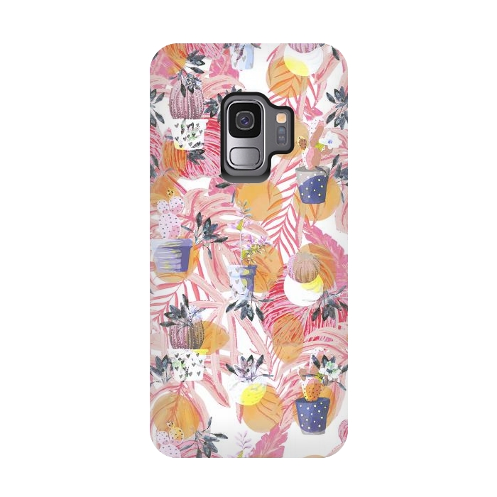 Galaxy S9 StrongFit Cute cacti pots and pink tropical foliage by Oana 
