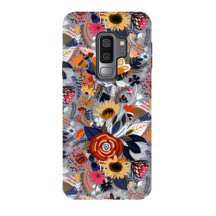 Galaxy S9 plus StrongFit Popping Floral - Orange and Navy  by Tigatiga