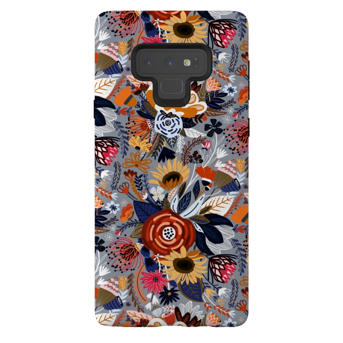 Galaxy Note 9 StrongFit Popping Floral - Orange and Navy  by Tigatiga