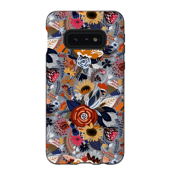 Galaxy S10e StrongFit Popping Floral - Orange and Navy  by Tigatiga