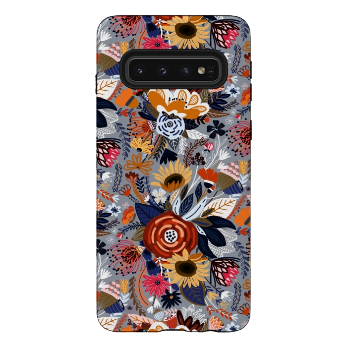 Galaxy S10 StrongFit Popping Floral - Orange and Navy  by Tigatiga