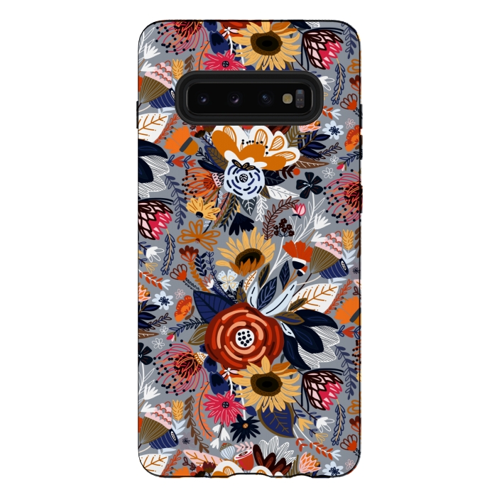 Galaxy S10 plus StrongFit Popping Floral - Orange and Navy  by Tigatiga
