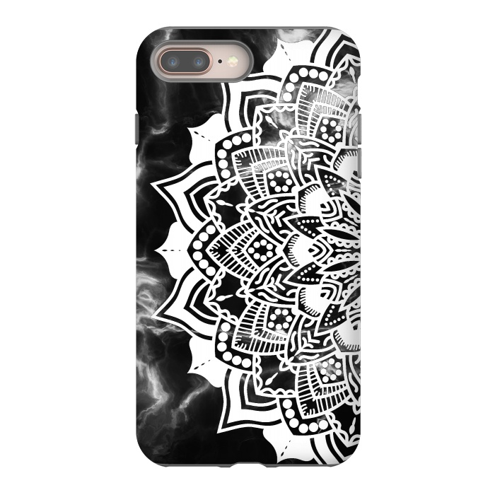 iPhone 7 plus StrongFit White floral line art mandala on black marble by Oana 