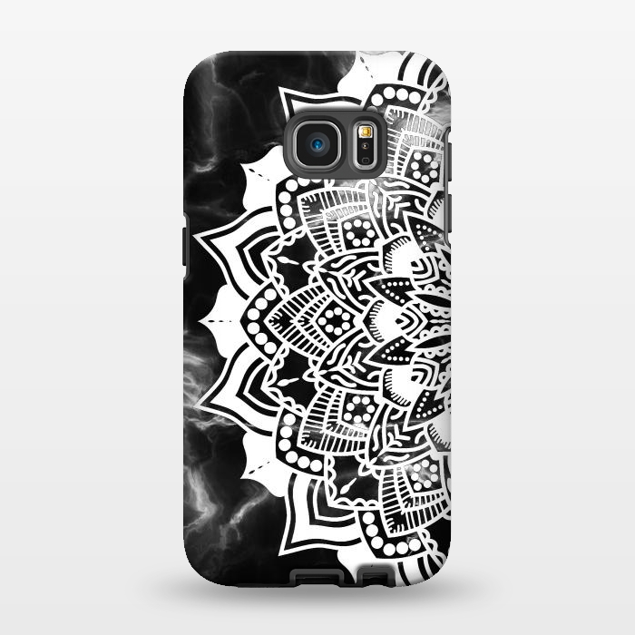 Galaxy S7 EDGE StrongFit White floral line art mandala on black marble by Oana 