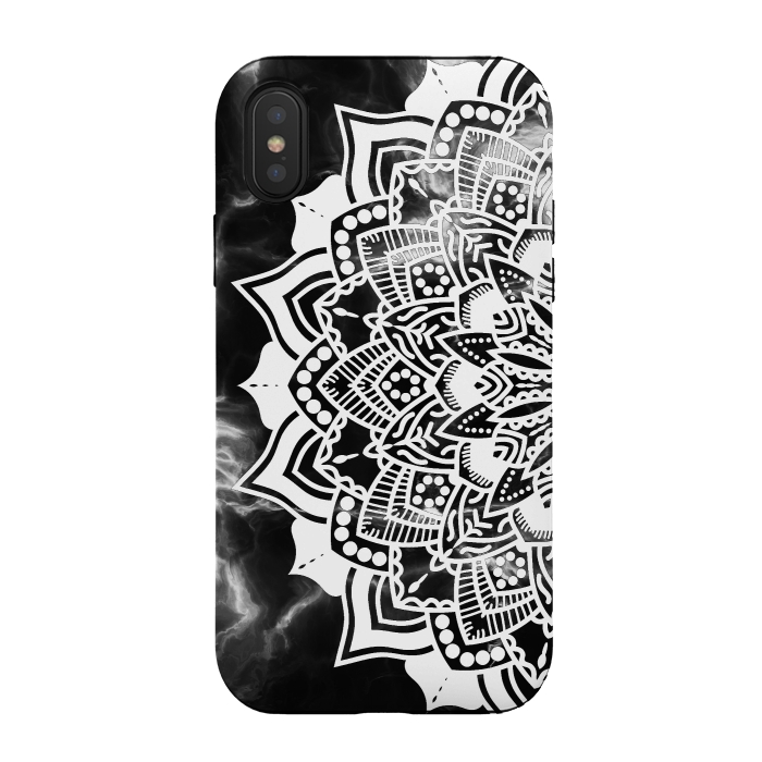 iPhone Xs / X StrongFit White floral line art mandala on black marble by Oana 