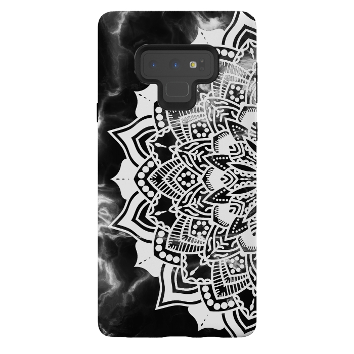 Galaxy Note 9 StrongFit White floral line art mandala on black marble by Oana 